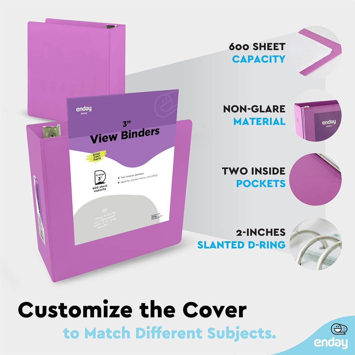 3 Slant D-Ring Binder 3 Inch Purple, 3 in Clear View Cover with 2 Inside Pockets Binder, Heavy Duty Colored School Supplies Binders,Also Available in Green, Grey, Red, Blue, Pink (6 PC) – by Enday