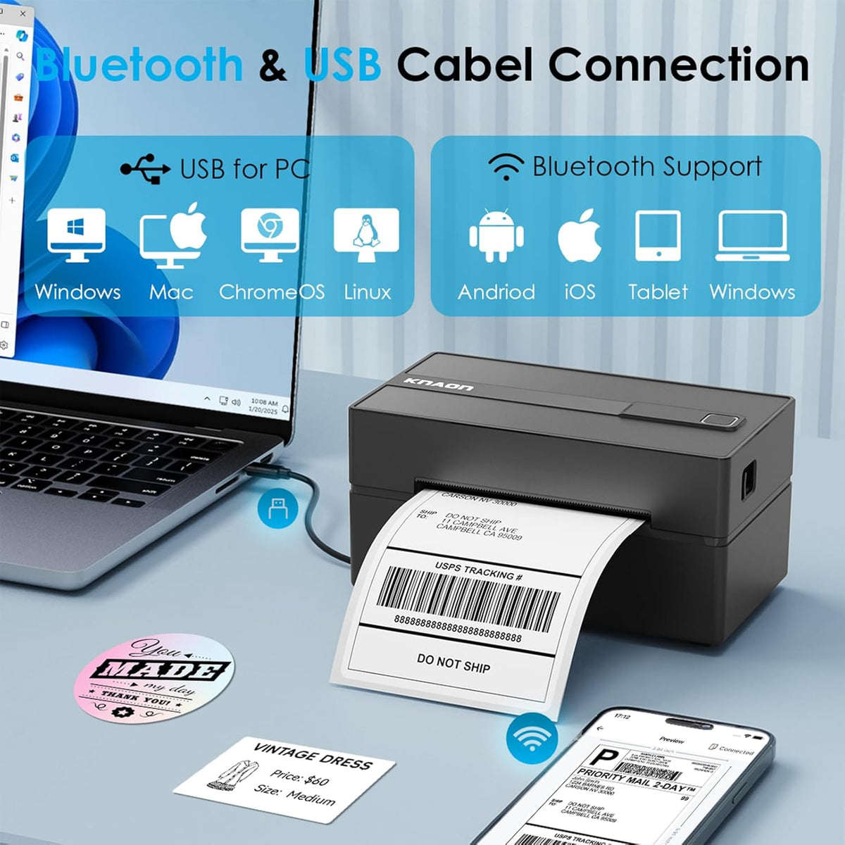 Bluetooth Thermal Label Printer, 4x6 Wireless Thermal Shipping Label Printer for Small Business, Compatible with iPhone,Android,Windows,Mac,Chromebook –Works with Ebay Shopify USPS&More, Black