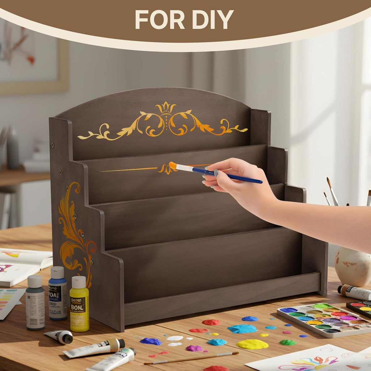 4 Tier Wooden Greeting Card Display Stand, Sticker Organizer Rack, Retail Photos Shelf for Vendors Craft Collection, Retail Stores, Postcards, Jewelry, Snacks, Brown