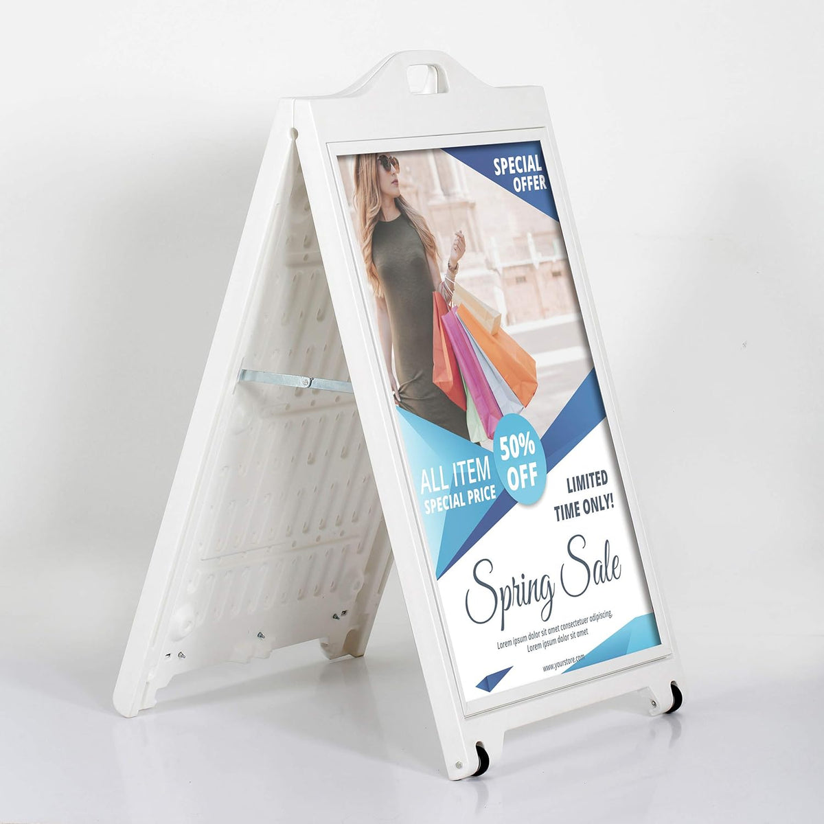 M&T Displays Street SignPro with Lens Protective Cover, 24x36 Inch Poster White Double Sided Sandwich Board Folding A-Frame Sidewalk Curb Sign Portable Advertising Display for Restaurant Cafe