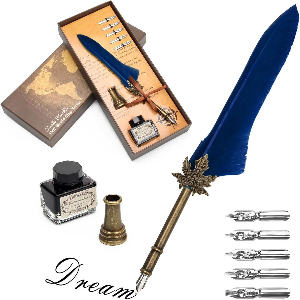 AHIER Quill Pen and Ink Set, Feather Pen Quill Pen Set Includes 5 Steel Replacement Nibs,Pen Nib Base and Dip Ink Bottle for Antique Calligraphy (Blue)