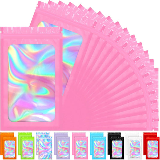 Mylar Bags, 100 PCS Pink Packaging Bags, Small Bag Smell Proof Bag with Clear Window (5.5x7.9 Inch)