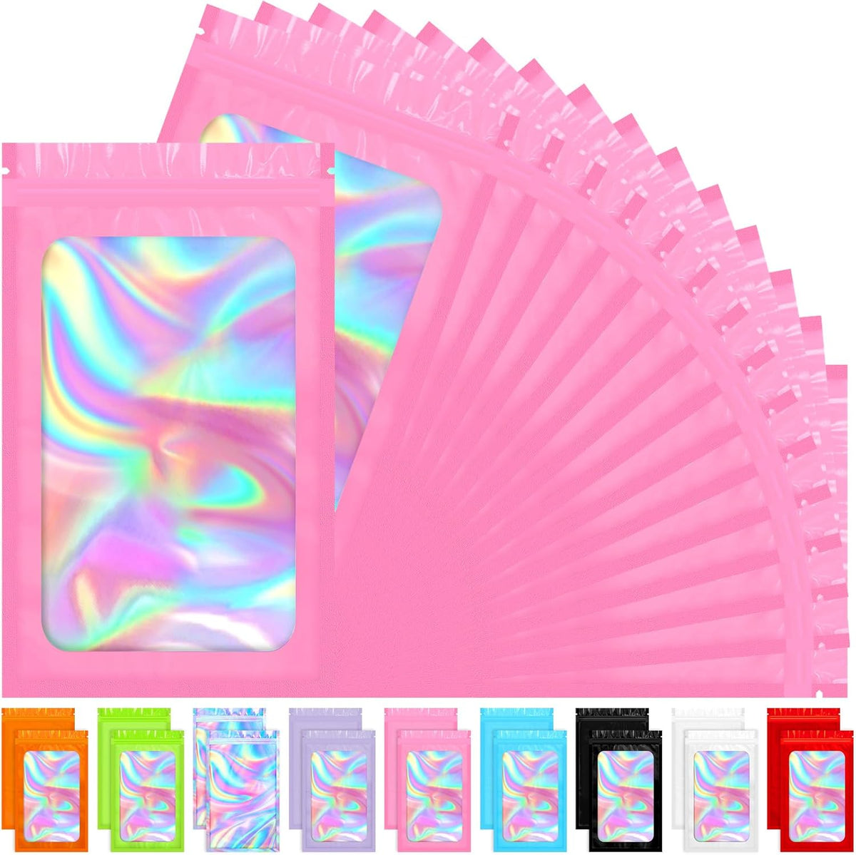 Mylar Bags, 100 PCS Pink Packaging Bags, Small Bag Smell Proof Bag with Clear Window (3x4.7 Inch)