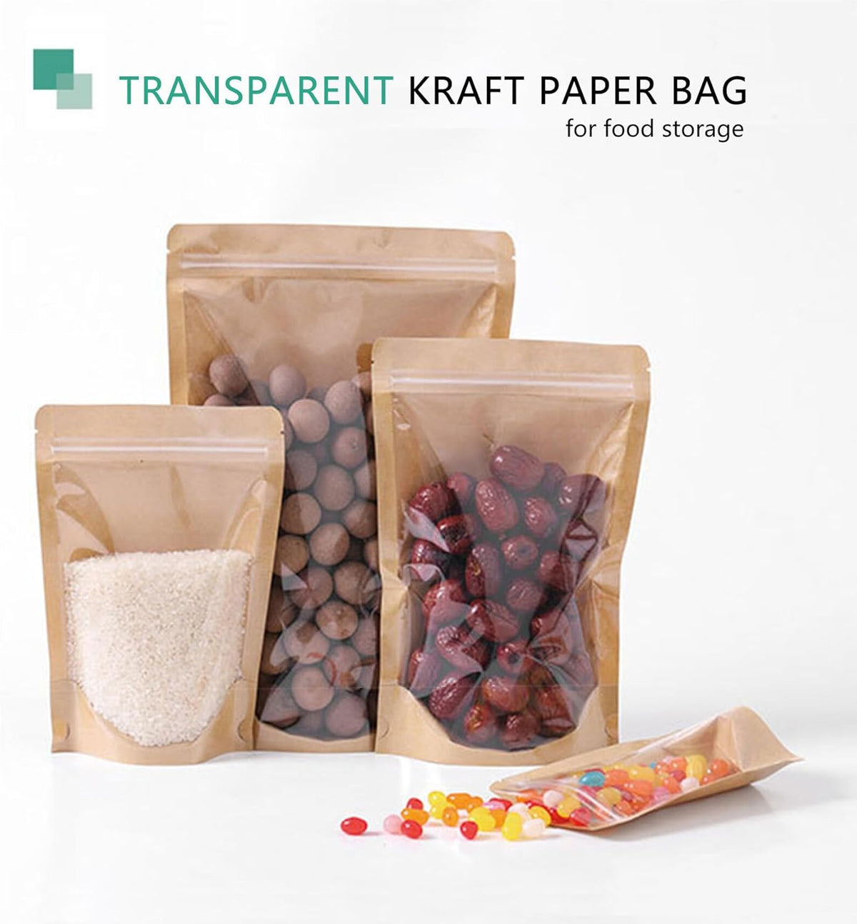 50pcs Kraft Bags With Window Clear Fornt Pouches Resealable Stand Up Zip Lock Food Storage Bags Brown 10"x14"