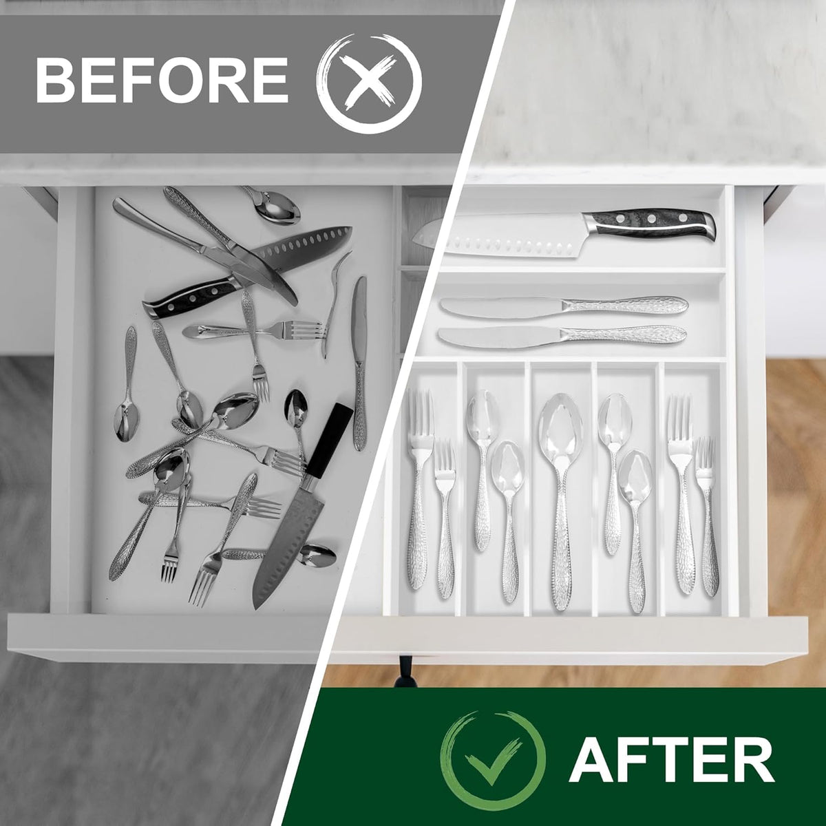 Bellsal White Utensil Organizer 12.5 Inch Silverware Tray for Drawer Utensil Holder Cutlery Organizer Kitchen Drawer Organizer 7 Compartment Small Narrow Bamboo
