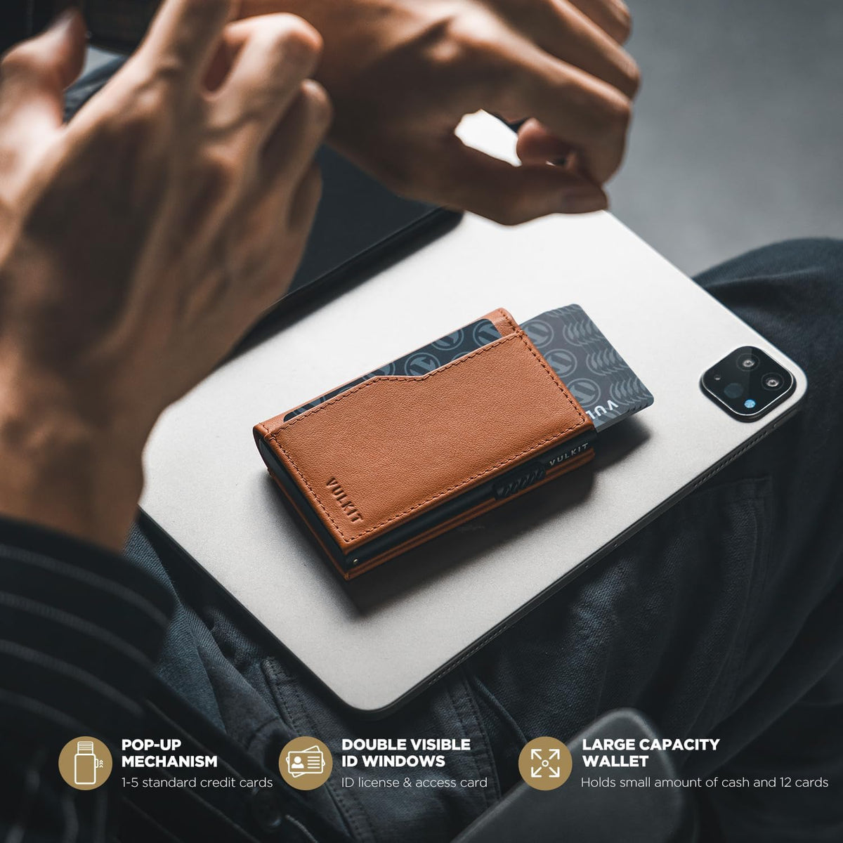 VULKIT Card Holder Wallet with Double ID Windows RFID Blocking Pop Up Wallet Minimalist Design for 12 Cards