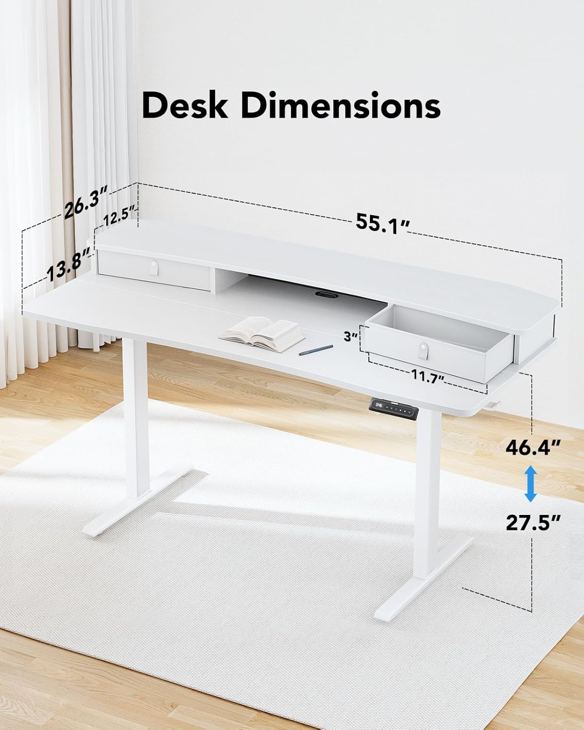HUANUO 55″ x 26″ Electric Standing Desk with 2 Drawers, C-Clamp Mount Compatible, Height Adjustable Computer Desk, Home Office Stand Up Desk with 4 Preset Heights & 2 Hooks, White