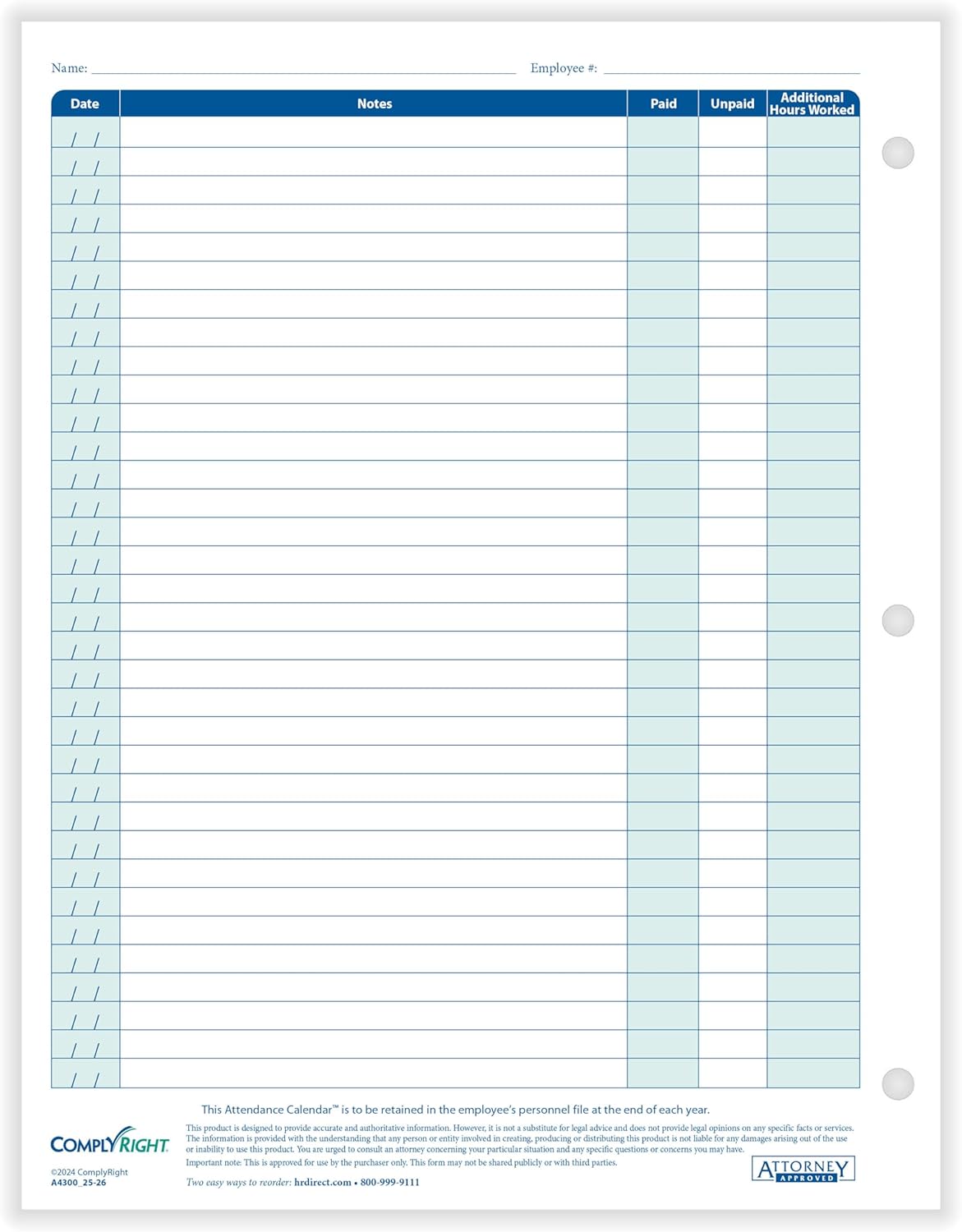 2025-2026 Academic Attendance Calendar, Pack Of 50