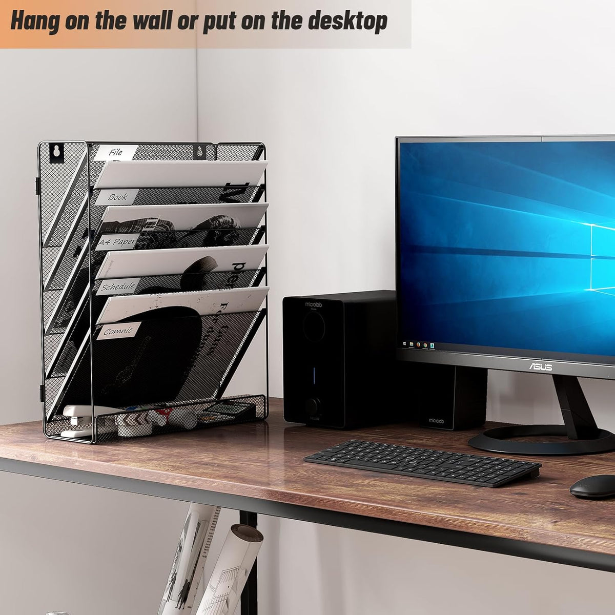 6 Tier File Wall Mounted Magazine Rack with Tray Mesh A4 Paper Organiser Mail Holder Storage No-Side, Black