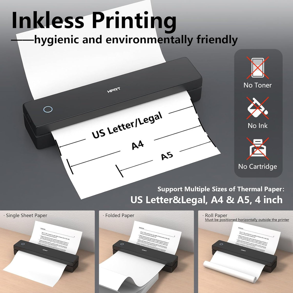 Portable Printer Wireless for Travel, Small Bluetooth Thermal Inkless Printer Support 8.5×11" US Letter Thermal Paper, Mobile Printing for Office, Car, Home, Compatible with iOS, Andorid & Laptop