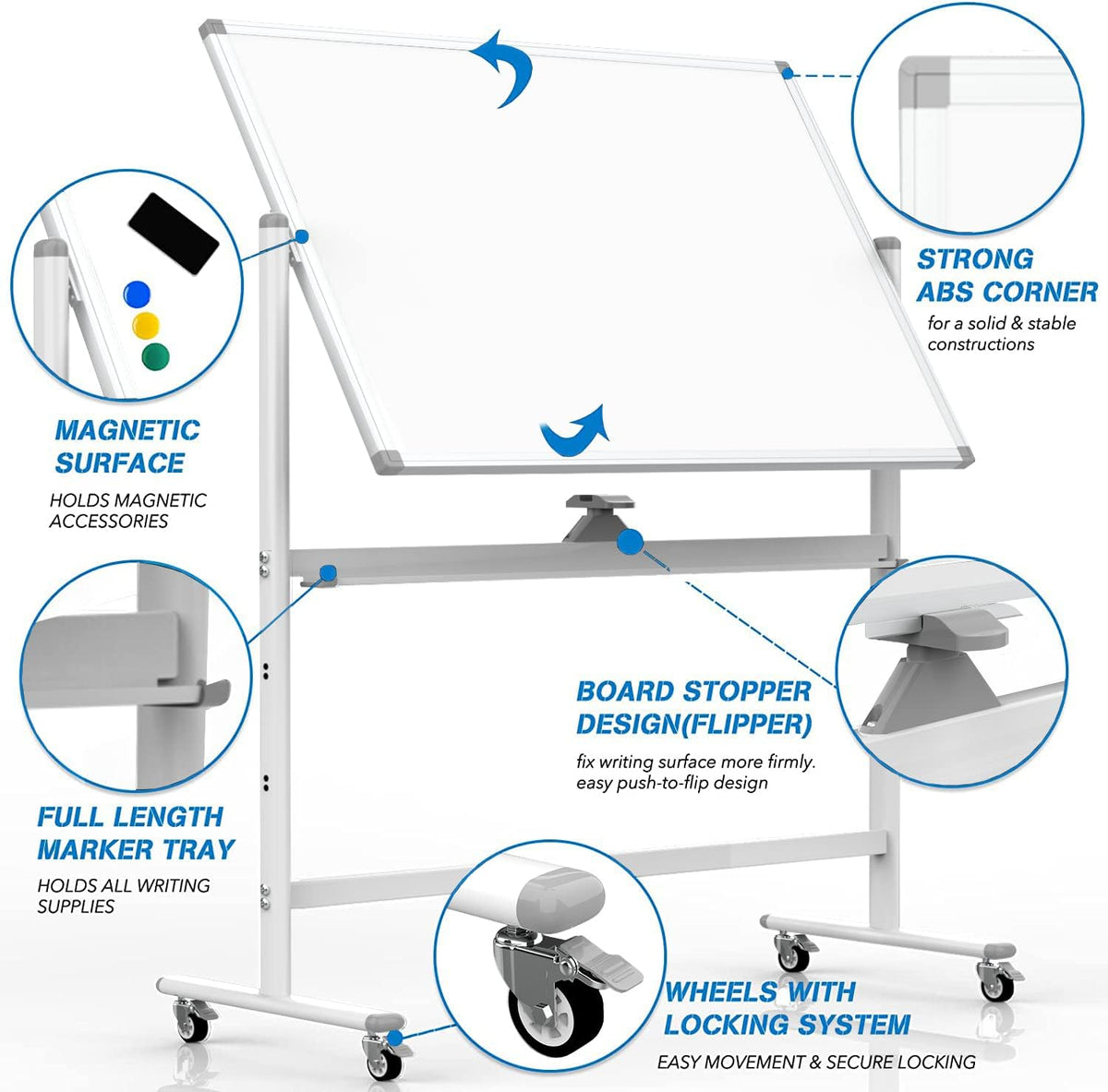 Large Dry Erase Board 48 x 36 Magnetic Non-Foldable Whiteboard with Stand Portable Mobile Rolling Double Sided with Wheels for Office Home Classroom