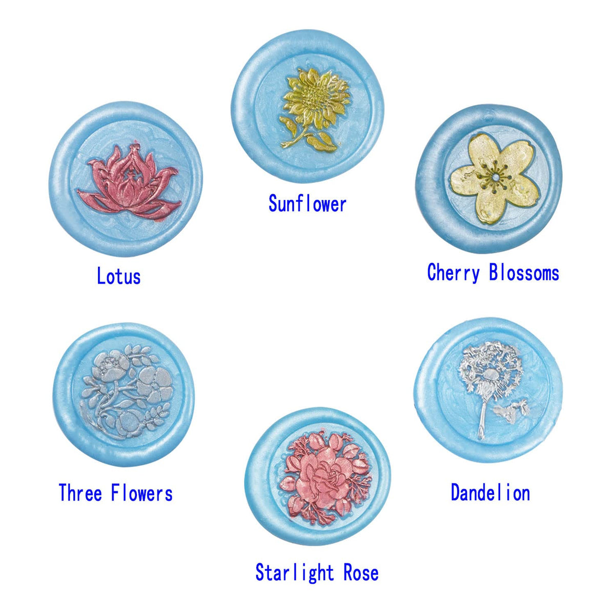 Flower Wax Seal Stamp Set with 6 PCS Removable Brass Heads and 1 Wooden Handle - Sunflower, Three Flowers, Lotus, Dandelion Sealing Wax Stamp for Cards & Invitations