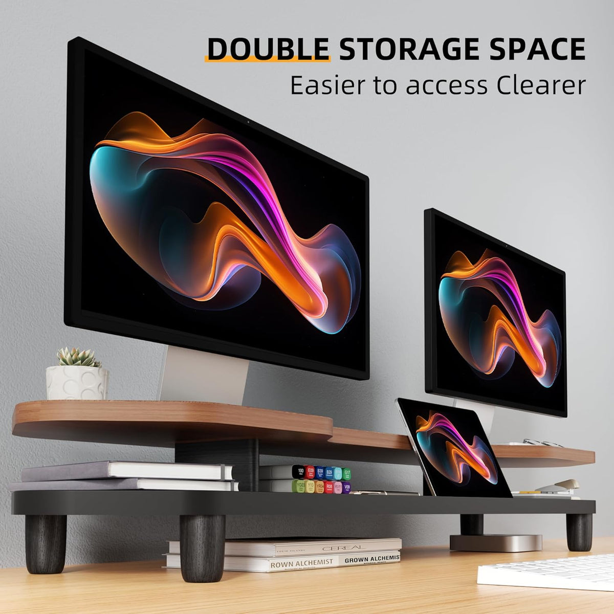 2 Tier Dual Monitor Stand Riser,Wider Board Computer Monitor Stand for 2 Monitors,Slot For Phone/Tablet Office Desktop Organizer for Laptop,PC,Computer,Printer,Walnut Finish