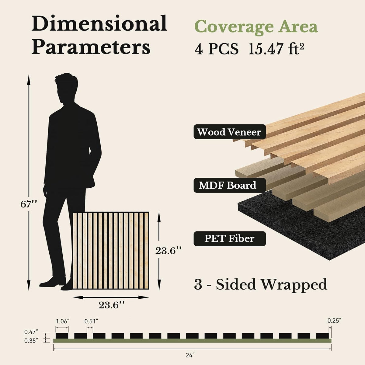 MISSDAY Wood Slat Acoustic Wall Panels, 4 Packs 23.6" x 23.6" Oak Soundproof Panel For Interior Wall Decor Noise Absorbing-3D Textured Wooden Panel Sound-Absorbing for Home, Office, Studio