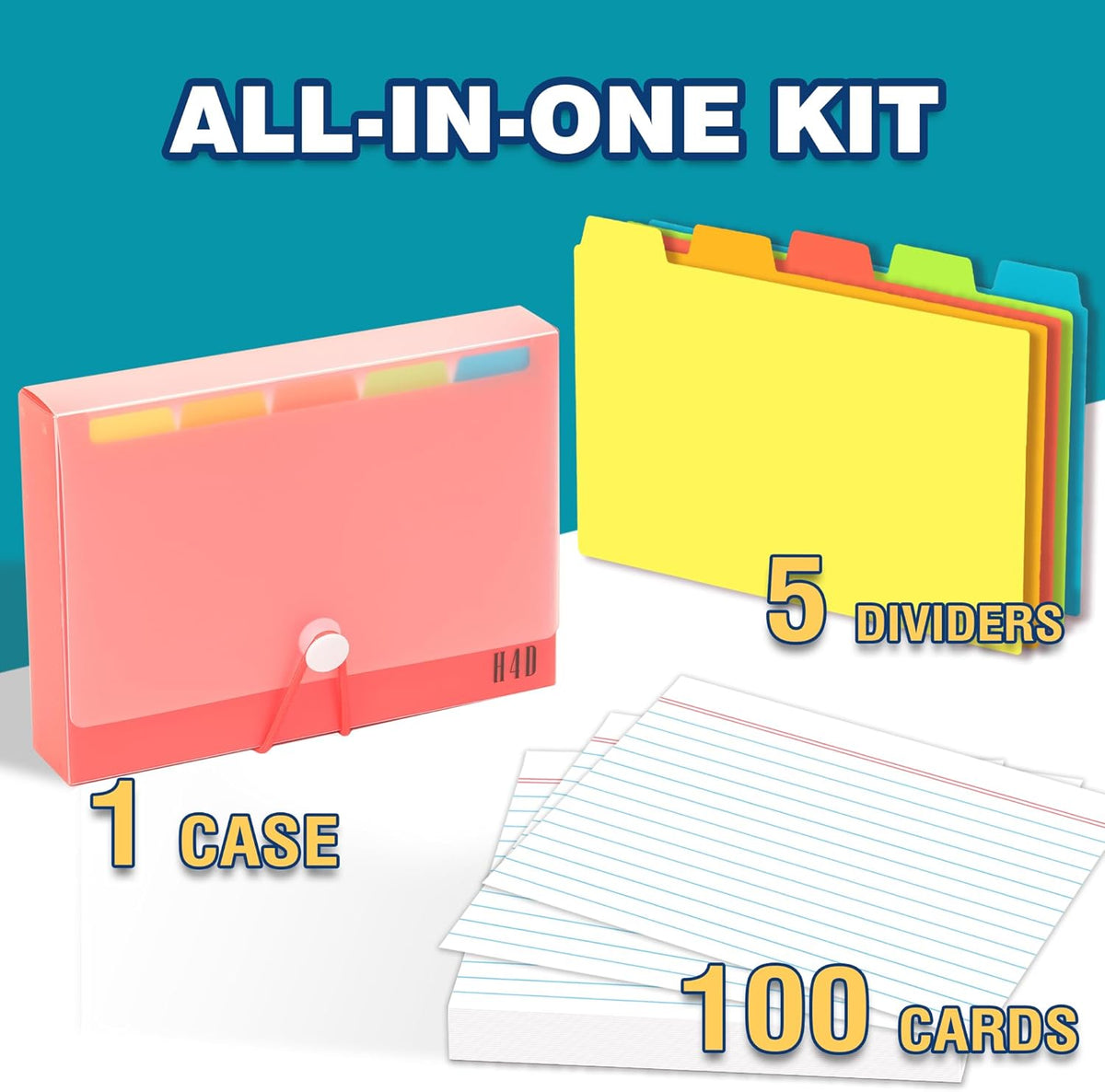 H4D 4x6 Index Card Case with 100 Heavyweight Ruled Index Cards and Dividers, Red