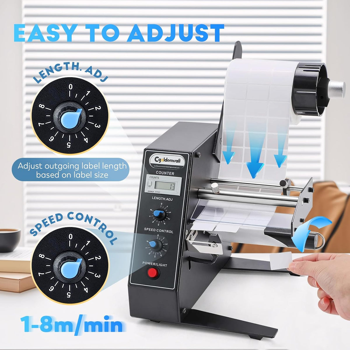 CGOLDENWALL Automatic Label Dispenser Sticker Roll Dispenser for Logistics Office Home, 1-8m/min Speed Adjustable, Length 0.12-5.9" Width 0.16-5.5", Auto Sensing&Counting, Max Roll Dia. 9.8"