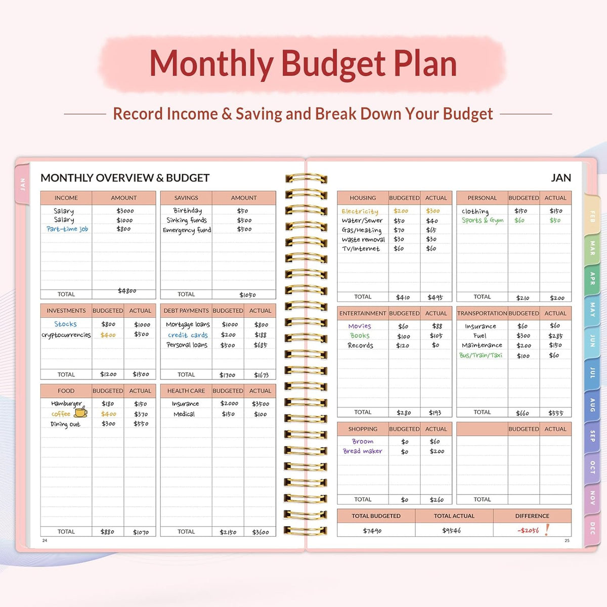 2026 Budget Planner - Monthly Budget Book from JAN 2026 - DEC 2026 with Expense Tracker Notebook, A5 Size (6.4" x 8.3") Bill Organizer & Finance Planner Account Book to Manage Your Finances, Pink