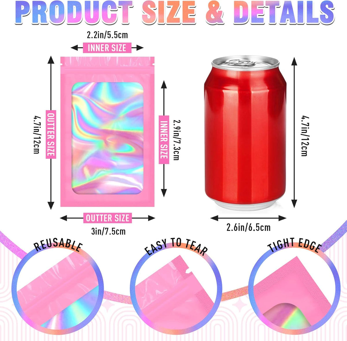 Mylar Bags, 100 PCS Pink Packaging Bags, Small Bag Smell Proof Bag with Clear Window (3x4.7 Inch)
