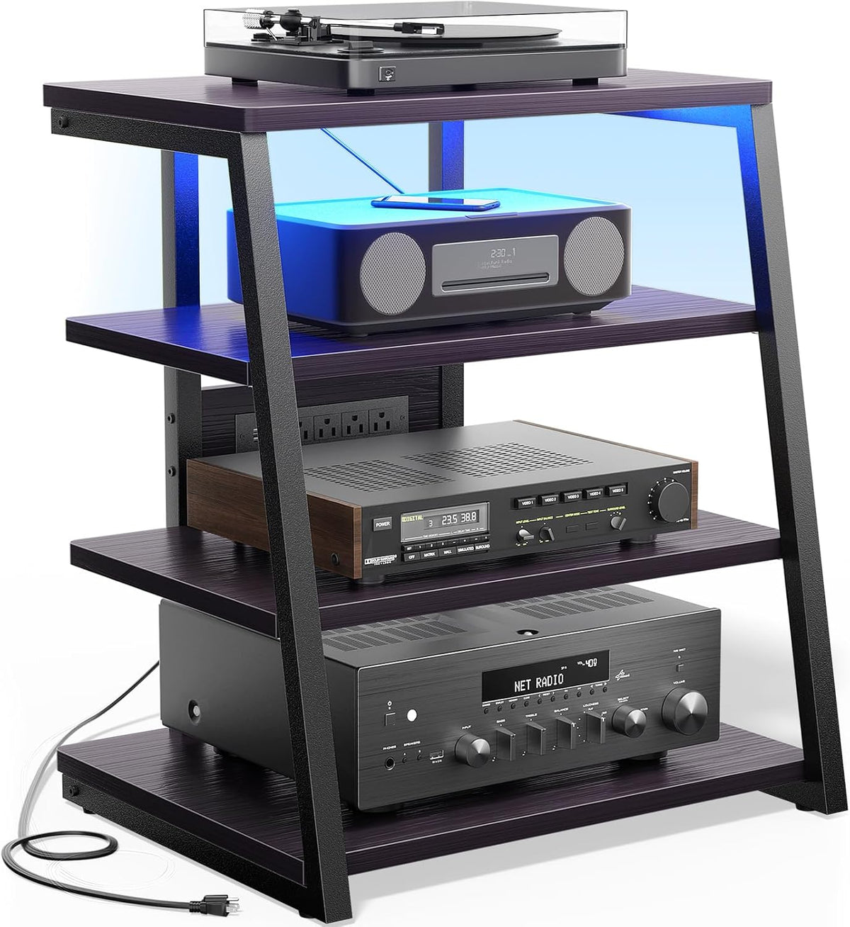 AV Media Stand with Outlets, Media Console with LED Lights, Stereo Racks and Stands with Storage Shelves, Media Audio Tower Cabinet, Black Enoby