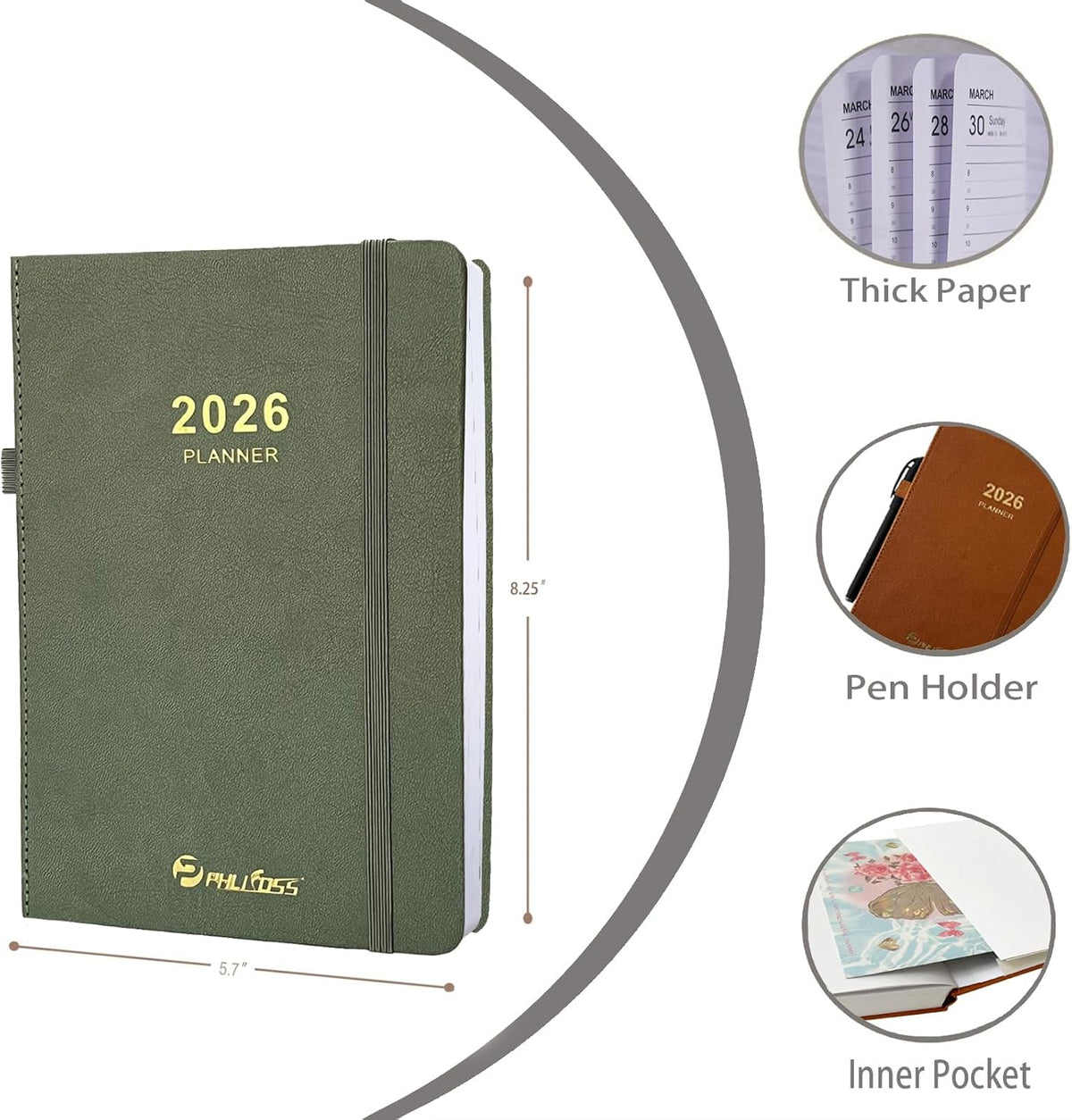 2026 Daily Planner/Calendar, One Page Per Day, Daily Monthly Agenda Planner with Time Slots and Monthly Tabs, Jan - Dec 2026, 5.7" x 8.25" Appointment Book, Pen Holder, Leather Cover (2026-Green)
