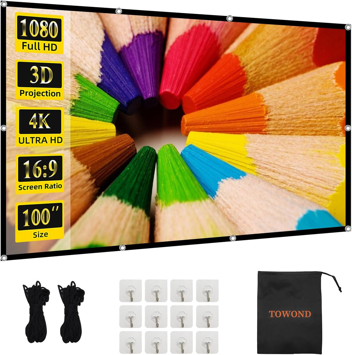 TOWOND Projector Screen 100 inch Projection Screen Indoor Outdoor Washable Anti-Crease 16:9 HD Rear Front Movies Screen for Home Theater Office