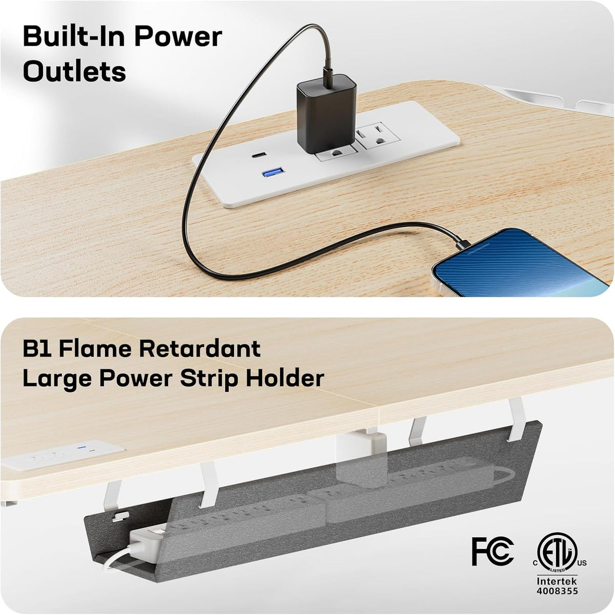 HUANUO 63″ Dual Motor L-Shaped Standing Desk, Built-in Power Outlets, Electric Height Adjustable Corner Computer Desk, Large Power Strip Holder, Sit Stand Up Desk with 3 Preset Heights, Natural Wood