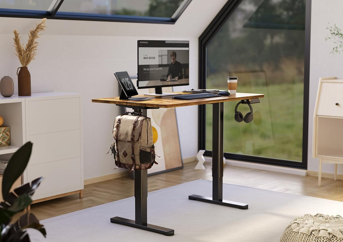 Claiks Electric Height Adjustable Stand Up Desk, 35x20 Inches Sit Stand Desk for Home Office, Rustic Brown Top/Black Frame