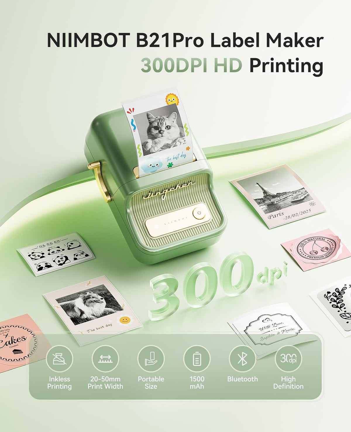 NIIMBOT B21 Pro Label Maker, 300DPI HD Label Printer, Ideal for Notes,Photos, Study Graphics, Memo Maker,50x30mm Label,230Pcs(Pine Green)