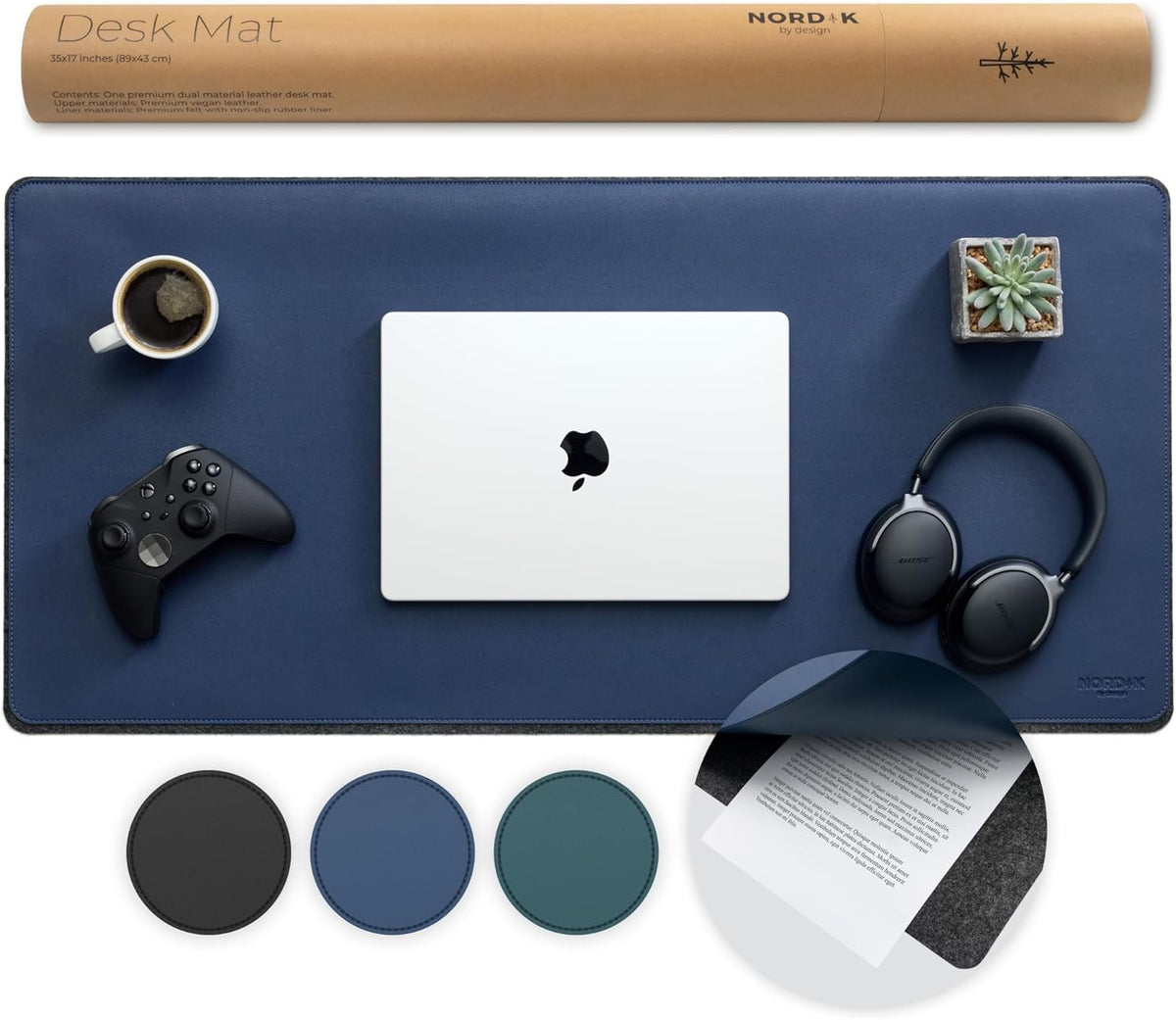 Nordik Felt and Leather Desk Mat Non-Slip - Blue - 35 X 17 Inch - Felt and Vegan Leather Desk Pad - Document Organizers - Desk Blotter and Desktop Mat - Desk Protector Laptop Desk Matt for Desktop