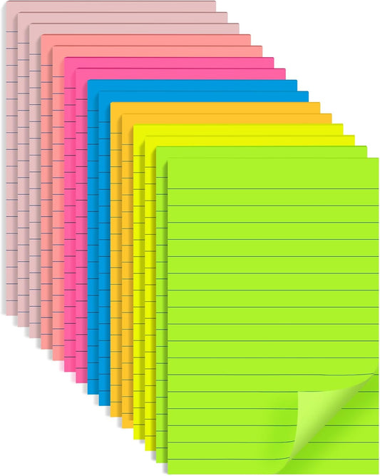 (15 Pads) Lined Sticky Notes 4x6 in Post, 7 Bright Colors with Lines Self-Stick Note Pad it, Strong Adhesive, Big Rectangular Sticky Pads for Office, Home, School, Meeting
