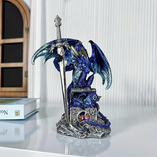 Dragon Statue Holding Silver Draconian Sword Letter Opener Figurine Dragon Sculpture Medieval Fantasy Home Office Decor 7.68 Inches (Blue)
