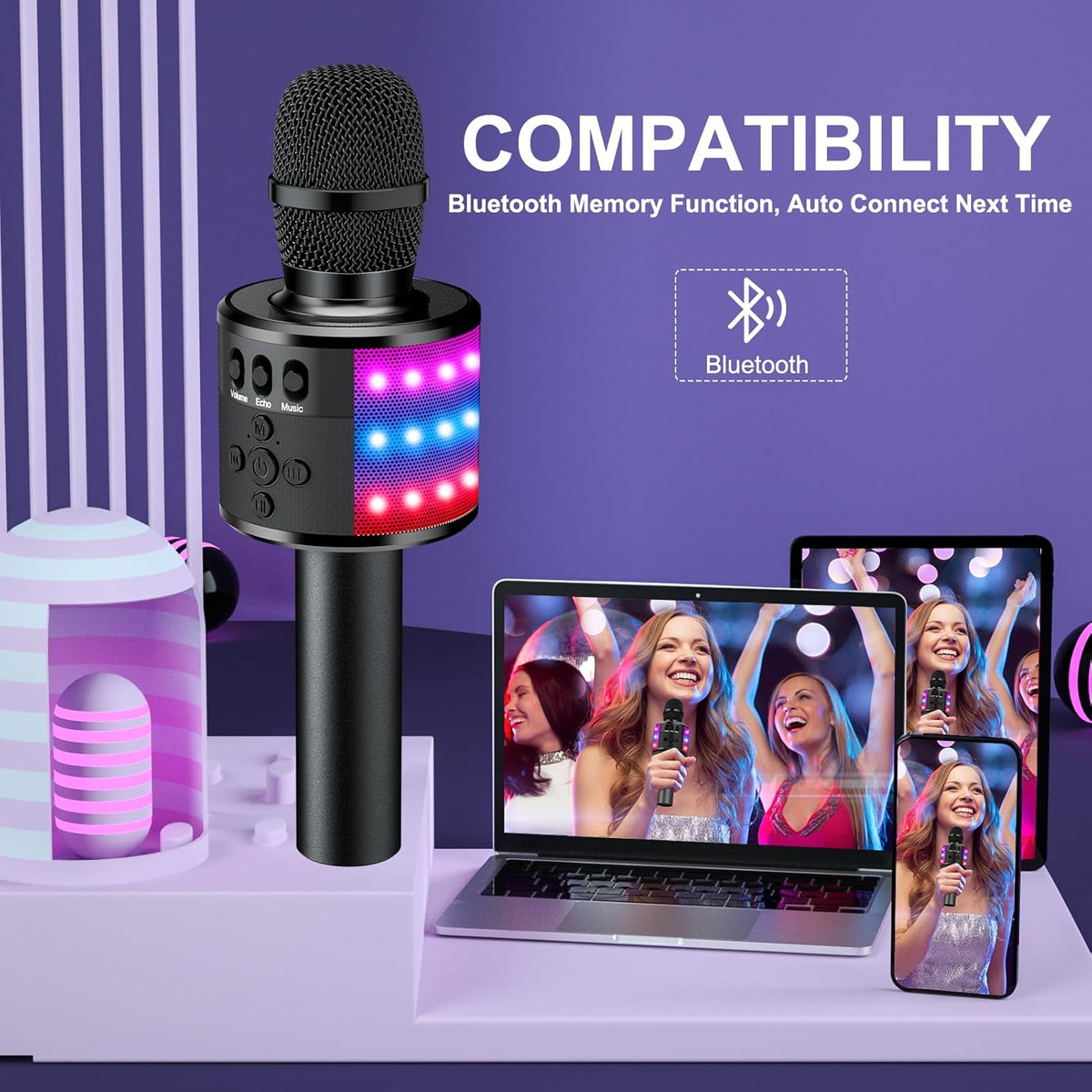 BONAOK Karaoke Microphone for Kids & Adults - Bluetooth Microphones Singing Mic with Disco Lights, Echo Effect, Built-in Speaker Portable Karaoke Player for Party Travel Gifts Q78(Black)