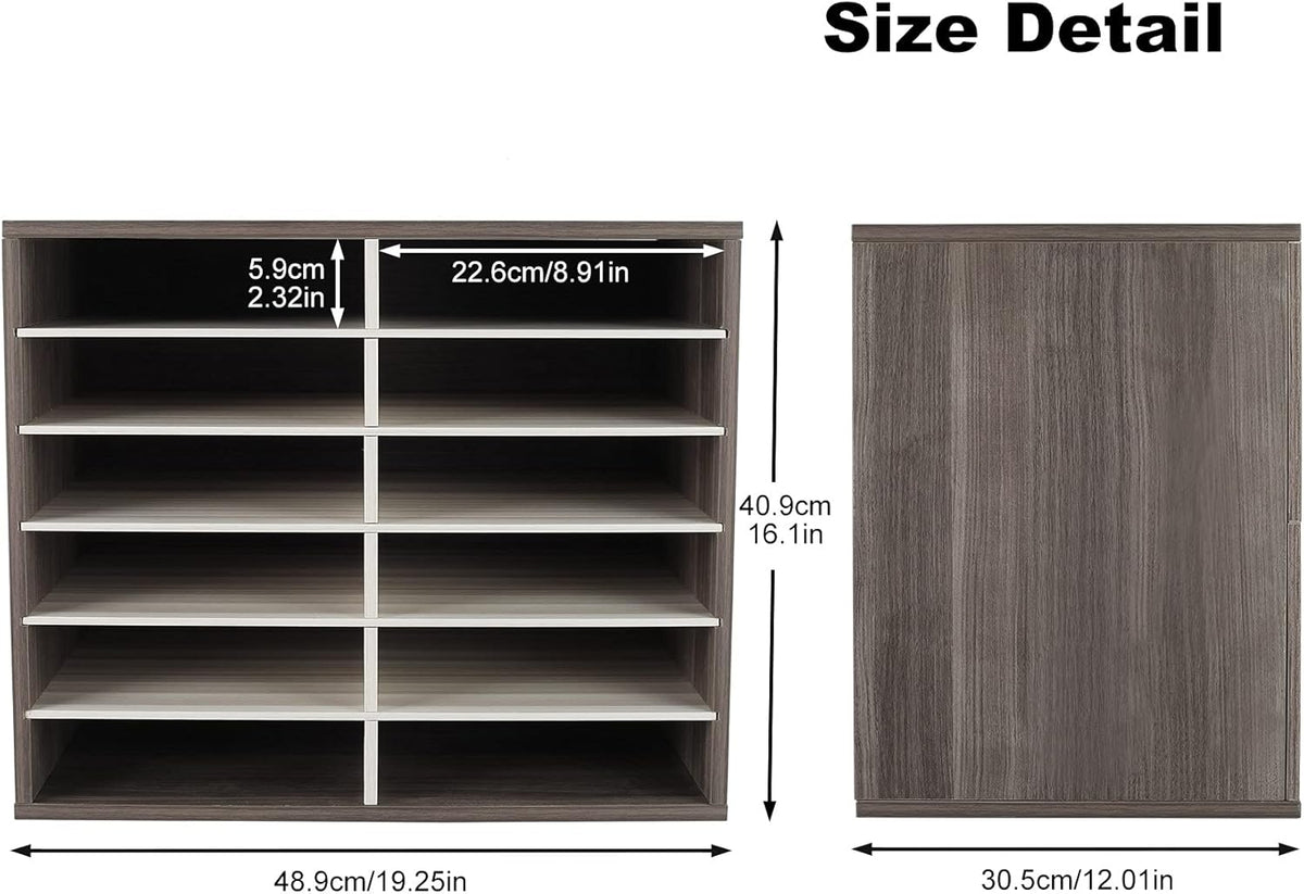 TQVAI Wood Adjustable Literature Organizer Desktop File Sorter Mail Center Paper Storage Cabinet Home & Office Mailbox School Classroom Keepers, 12 Slots Compartments, Retro Grey/White