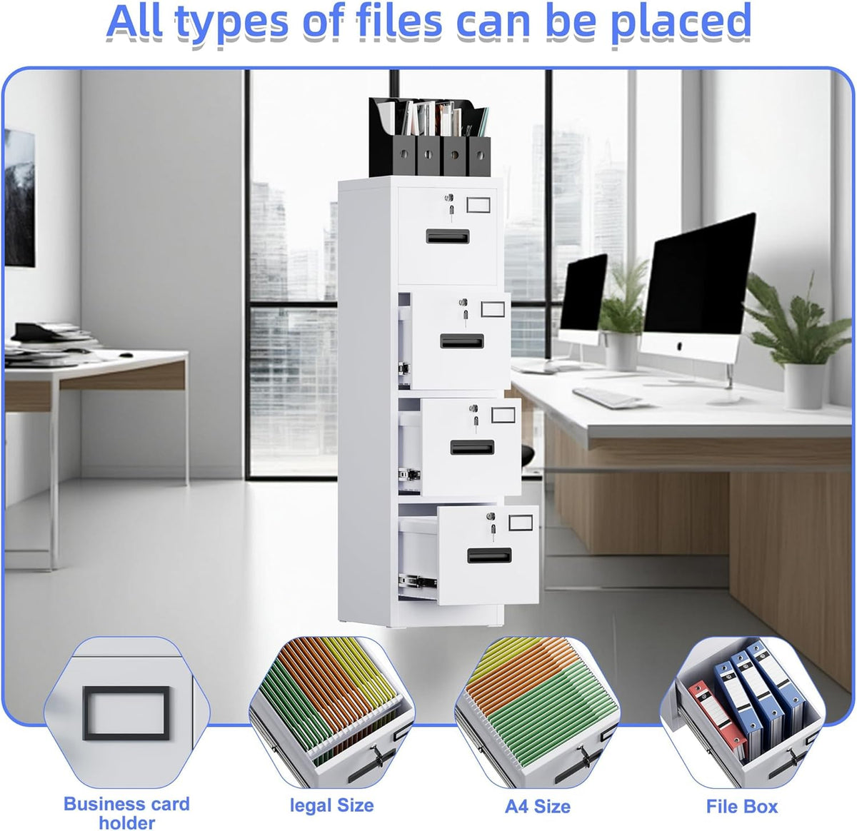 4 Drawer File Cabinet, Metal Vertical File Storage Cabinet with Lock, Office Home Steel Vertical File Cabinet for A4 Letter/Legal Size, 14.96" W x 17.72" D x 55.2" H, Assembly Required