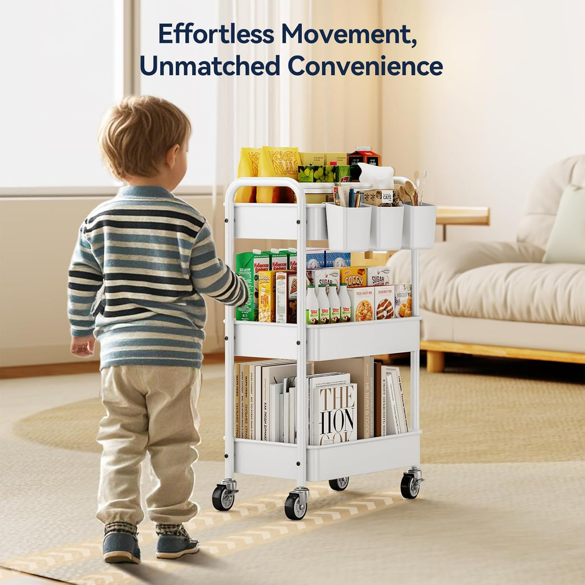 YASONIC Metal 3 Tier Rolling Cart - Heavy Duty Utility Cart with Lockable Wheels, Hanging Cups, Hooks, Mesh Rolling Storage Cart Craft Cart Organizer, Lightweight and Sturdy, White
