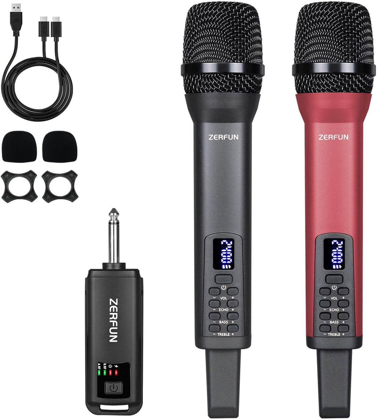 Dual Rechargeable Wireless Microphones, Pro Handheld Cordless Mics System with Echo Treble BASS VOL Control for Karaoke Singing Church Party, 1/4'' Output, Grey&Red