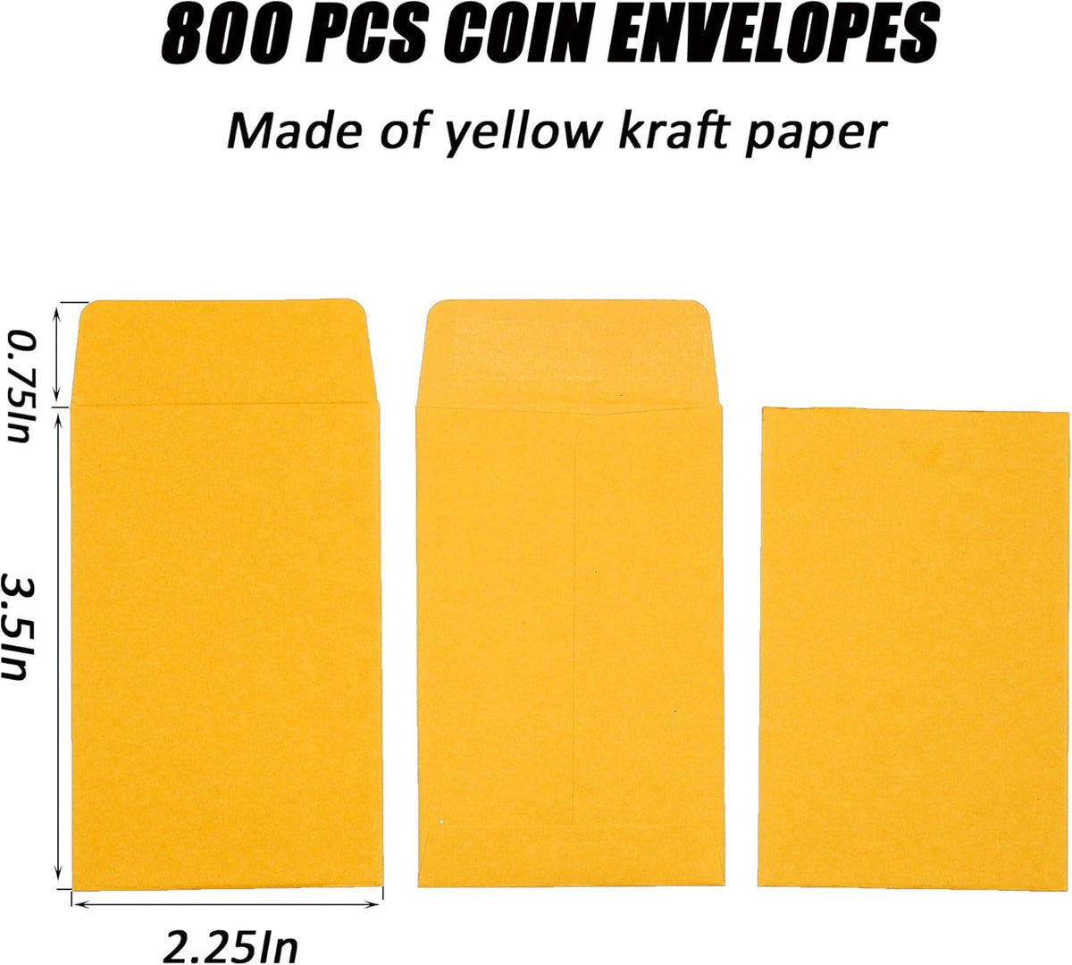#1 800 Pcs Small Coin Envelopes 2.25" x 3.5" with Gummed Flap, Yellow Kraft Mini Envelopes for Storing Keys, Stamps, Seeds, Tips and Small Items (800)