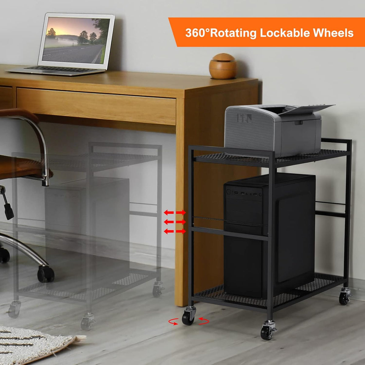 YBING Computer Tower Stand, PC Tower Stand Metal Mobile CPU Holder Stand Cart with Caster Wheels 2 Tier Rolling Printer Cart Under Desk for Fax Home Office Black