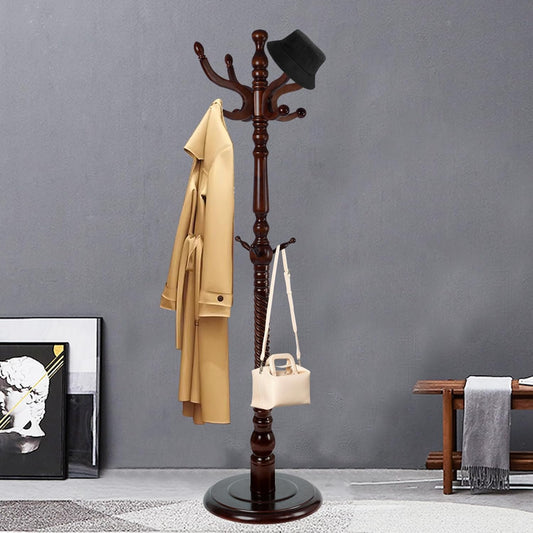 Coat Racks FreeStanding with 11 Hooks, Natural Wood Coat Rack with Solid Round Base, Adjustable Height Coat Racks, Easy Assembly for Hallway, Bedroom and Office (Walnut-Solid Round Base)