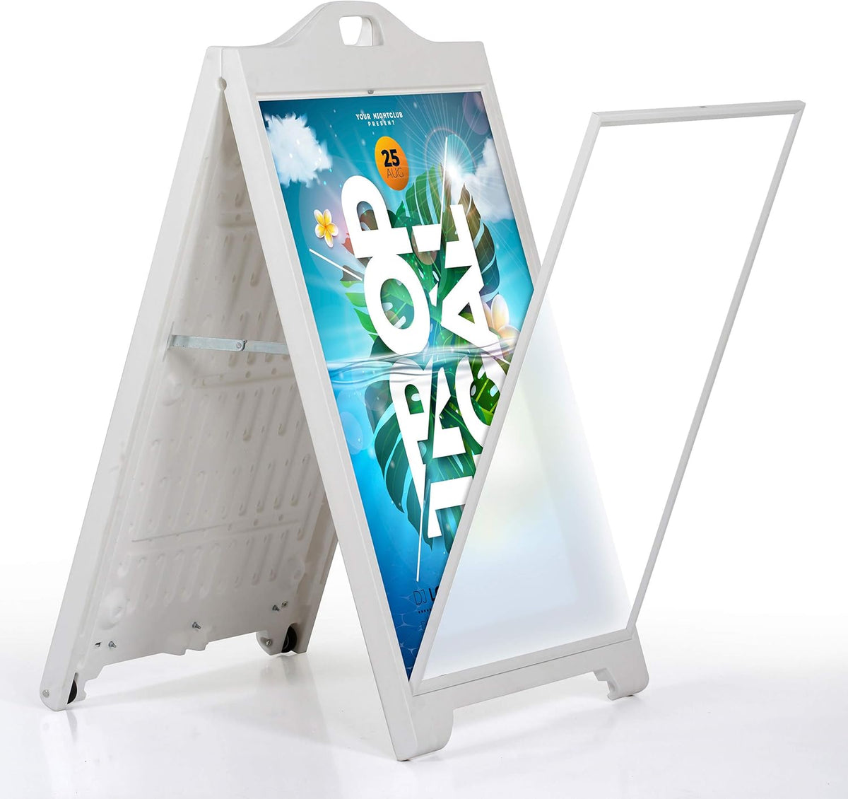 M&T Displays Street SignPro with Lens Protective Cover, 24x36 Inch Poster White Double Sided Sandwich Board Folding A-Frame Sidewalk Curb Sign Portable Advertising Display for Restaurant Cafe