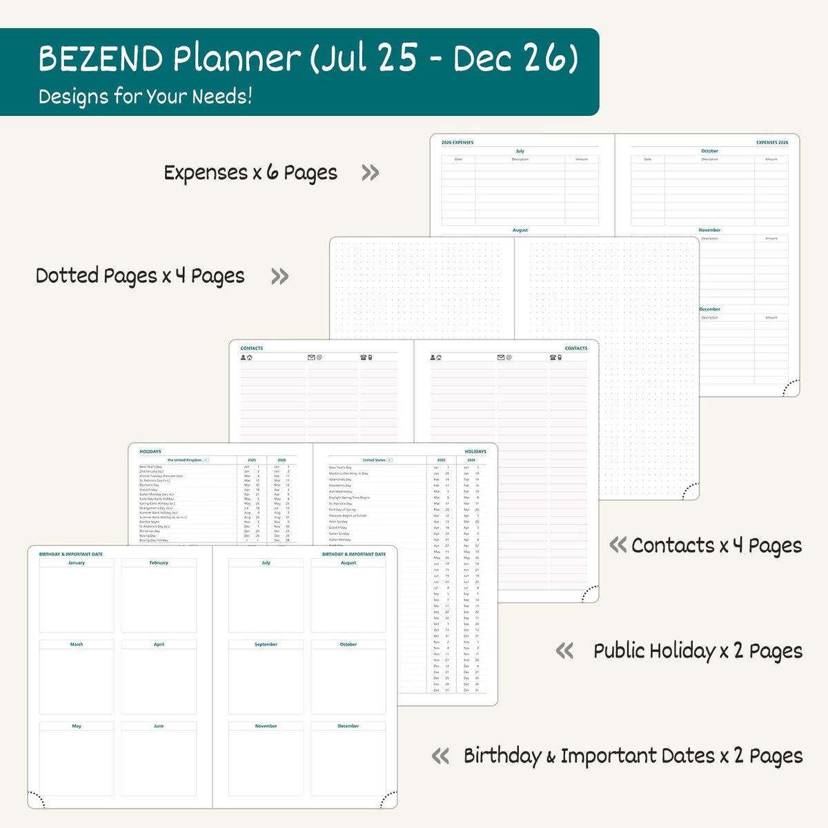 BEZEND Weekly Planner 2025-2026 with 2 Columns, 8.5" x 11" Academic Calendar 18 Months (Jul 25-Dec 26) Life Work Appointment Book with Monthly Tab, PU Leather Hardcover - Lilac