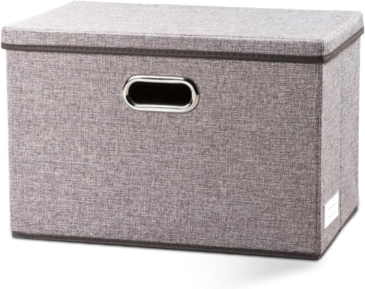 PRANDOM Large Foldable Storage Bin with Lid [1-Pack] Linen Fabric Decorative Storage Box Organizer Containers Basket Cube with Handles Divider for Bedroom Closet Office Living Room (17.7x11.8x11.8)
