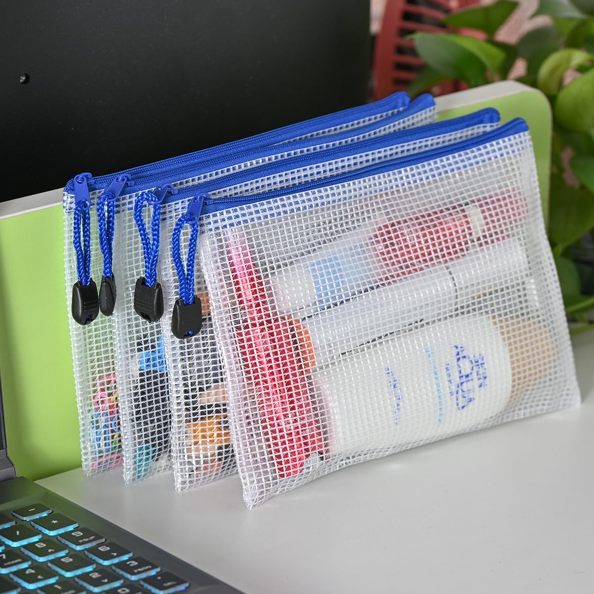 AUSTARK 10 Pcs Zipper File Bags, Waterproof Plastic Mesh Pouch for Office School, Board Game Storage Bags (B6 Size 7.6''x5.3'', White and Blue)