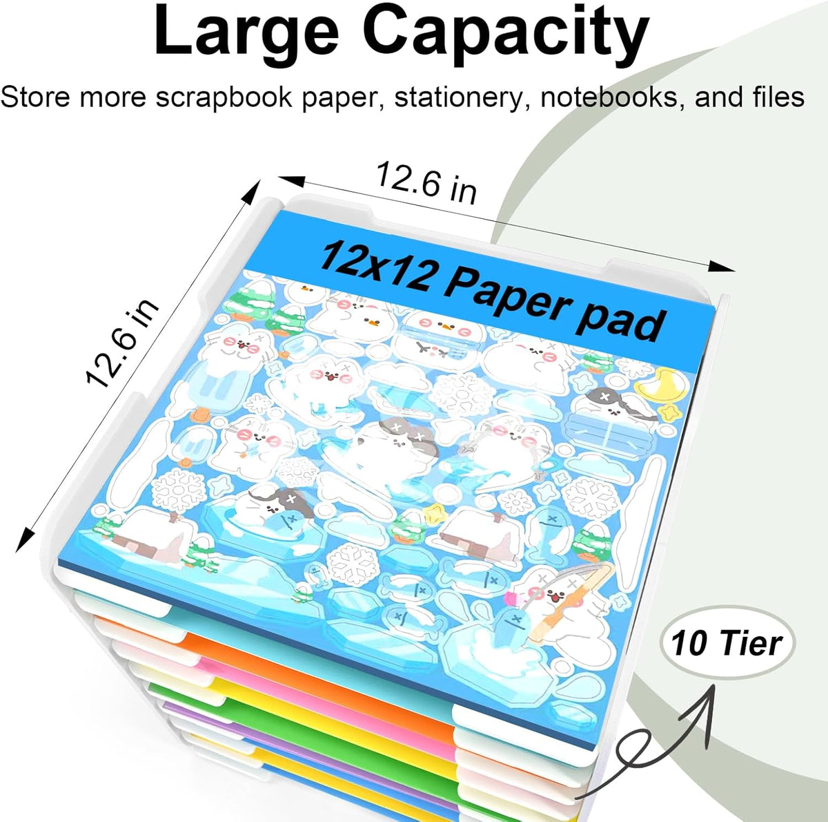 12x12 Paper Organizer, 10-Tier Scrapbook Paper Storage, Stackable Desktop File Holder for Home, Office, Classroom, and Craft Room