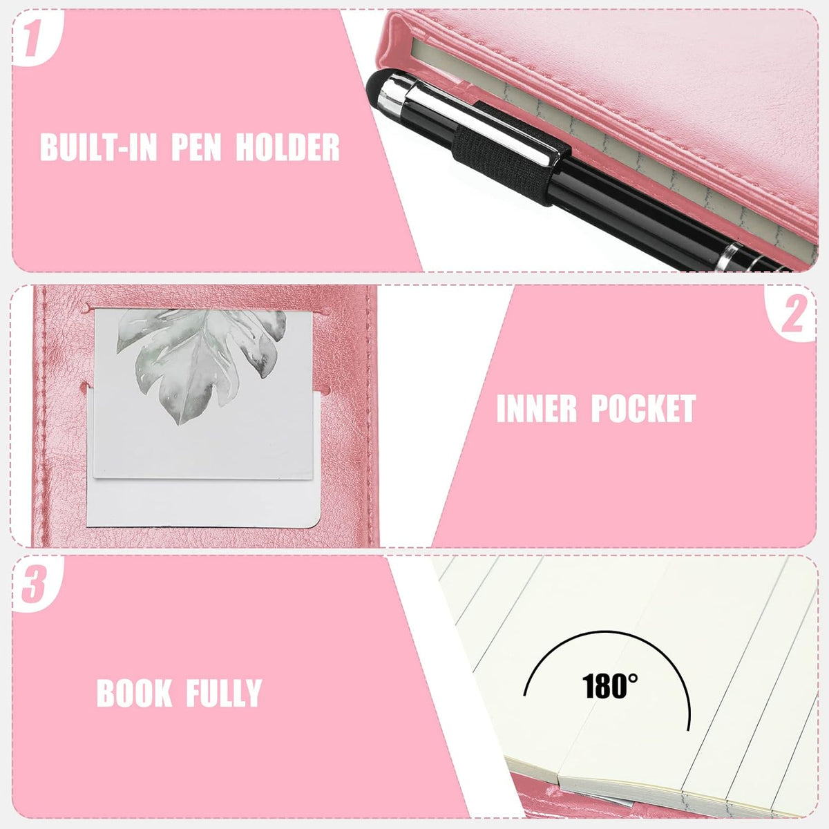 Outus 10 Pcs Pocket Notebook with Pen Set Included Mini Pocket Notepad Holder with 50 Lined Sheets, Metal Pen, 8 Pcs 3 x 5 Inch Memo Book Refills, 30 Lined Paper Per Note Pad (Pink)