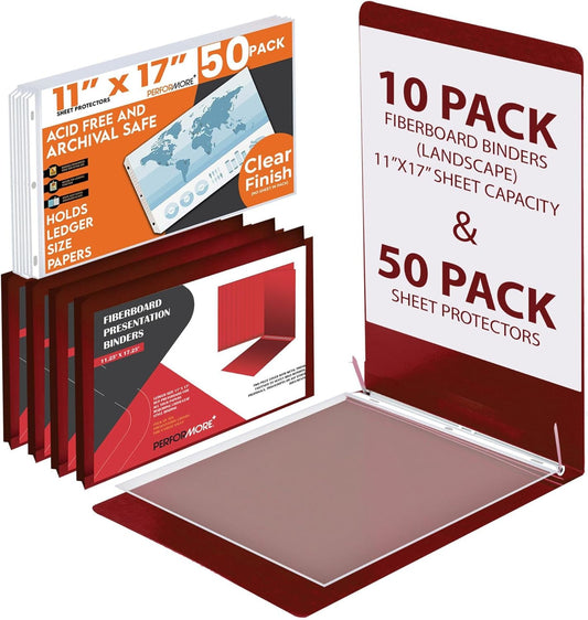Performore 11x17 Landscape Presentation Binder Folders | Fiberboard Covers | 3-Inch Capacity | 50 Clear Sheet Protectors | Archival-Quality Document Storage | Pack of 10 (Red)