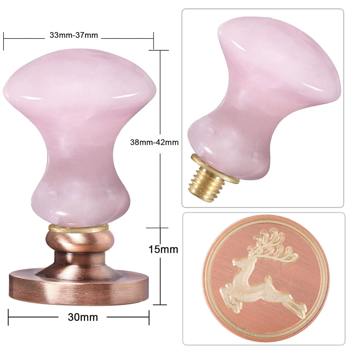 Rockcloud Wax Seal Stamps, 4 Pieces Copper Seals with Rose Quartz Handle, Christmas Theme, Pink