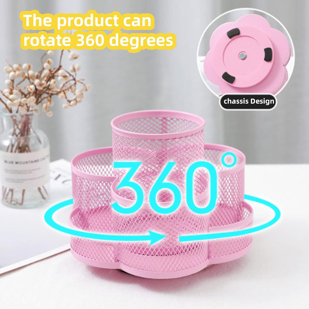 360 Rotatable Metal Mesh Desktop Pen Holder Pencil Holder Pencil Organizer Stationery Organizer Pen Pot Makeup Brush Organizer for Home School Office (Pink)