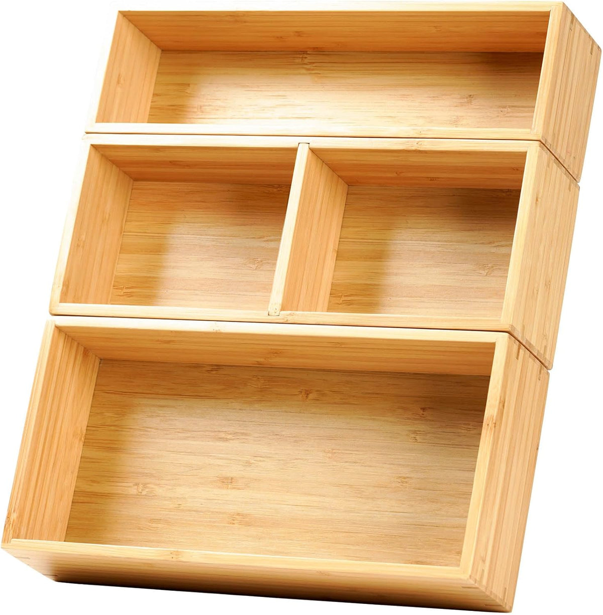 Umilife Drawer Organizer Storage Boxes, 2.5" High Bamboo Drawer Dividers, 3 Rearrangeable Bins for Kitchen, Office Desktop, Clothing, Makeup, vanity, Jewelry
