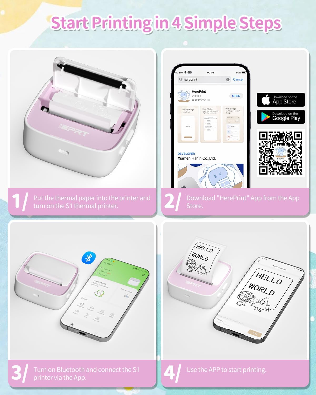 iDPRT Sticker Maker, Portable Thermal Printer with 1 Roll Sticker Paper, Bluetooth Inkless Printer Mini Label Maker for Study, DIY, Notes, Mini Label Maker with Multiple Template in Free App, Pink